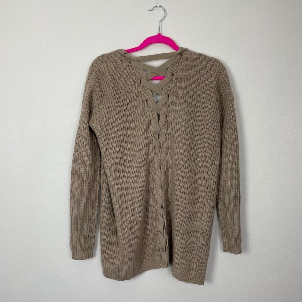 Poof Woman's Sz S‎ Tan Neutral Colored Lace Up Back Long Sleeve Cardigan Sweater - Picture 4 of 5